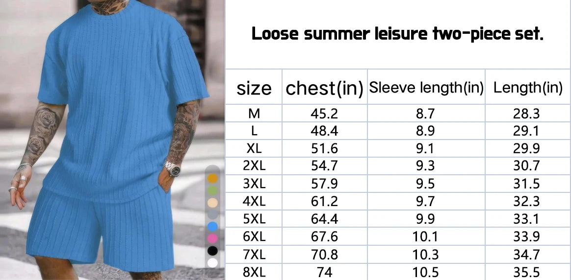 6XL–8XL Vertical-Striped T-shirt and Shorts, Summer Two-Piece Set