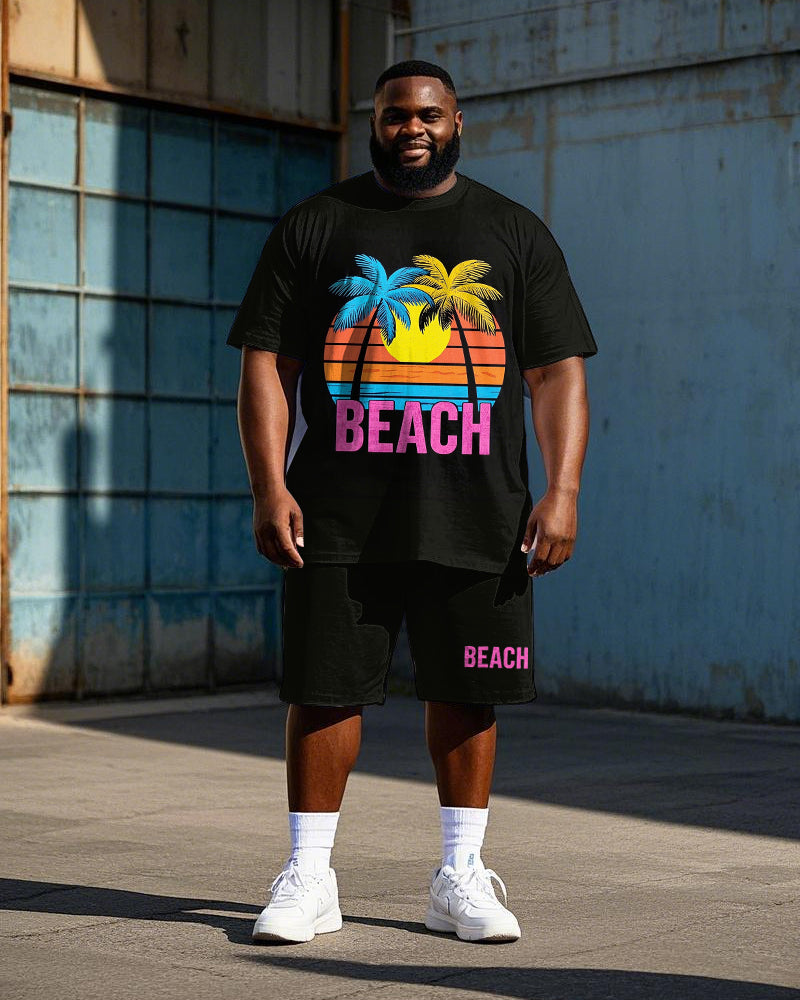 Big Men's Street Fashion BEACH Coconuts Printed Hawaii Casual Short Sleeve T-shirt Shorts Set