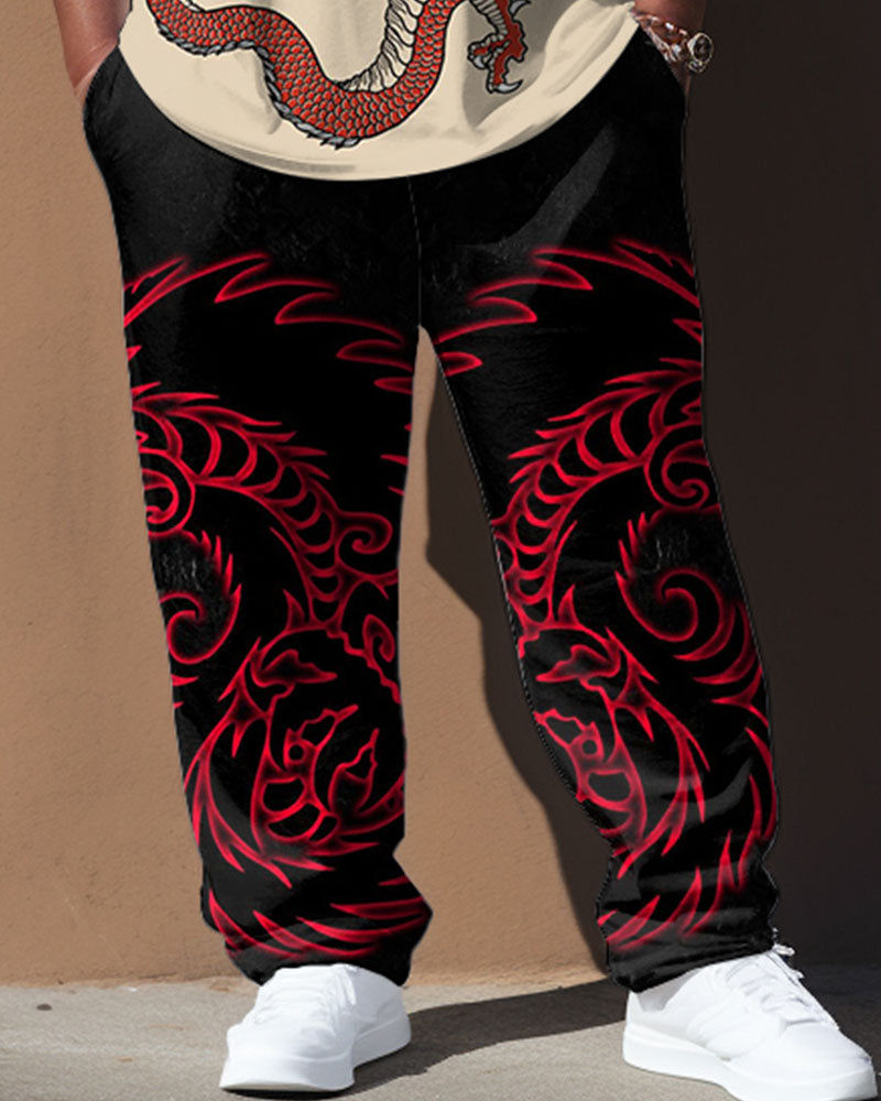 Men's Plus Size Apricot Dragon Totem Print T-Shirt Trousers Suit