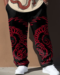 Men's Plus Size Apricot Dragon Totem Print T-Shirt Trousers Suit