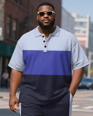 Big & Tall Men's Business Purple Colorblock Stripe Print Short Sleeve Polo Shirt Shorts Suit