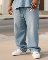 Plus Size Men Color Design GOD Denim T-Shirt Pants Suit