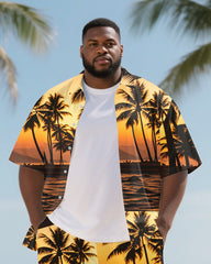 Big Men's Seaside Sunset Romantic Hawaiian Theme 2-Piece Short Sleeve Shirt Shorts Suits