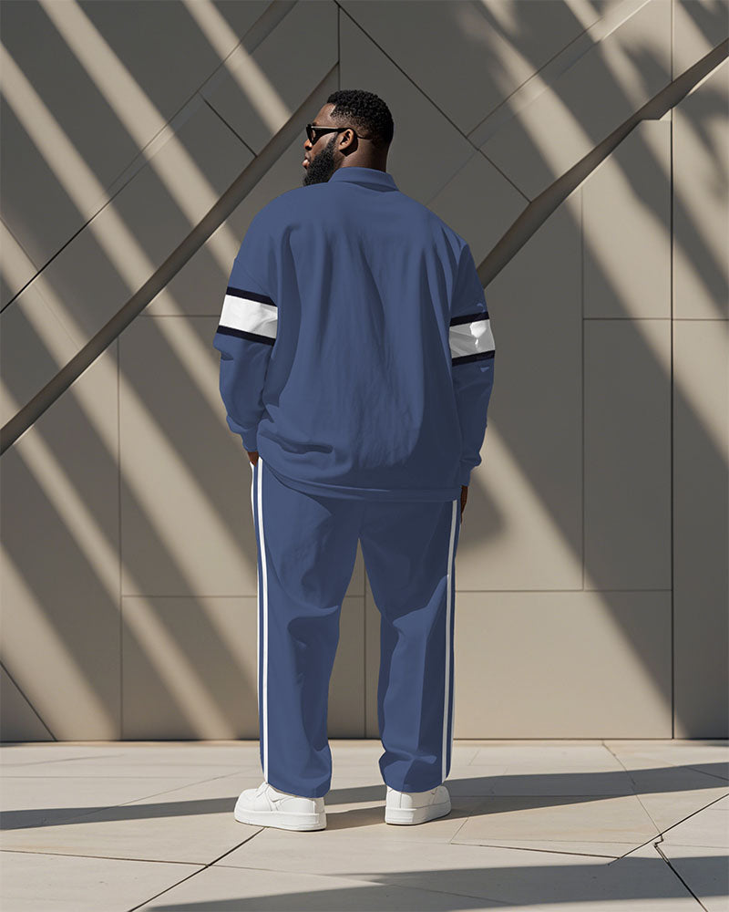 Men's Simple Blue And White Color-block Striped Alphabet Print Polo Shirt Zipper Pants Suit