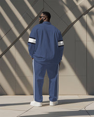 Men's Simple Blue And White Color-block Striped Alphabet Print Polo Shirt Zipper Pants Suit