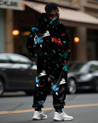 Men's Plus Size Tracksuit Color Brush Print Hoodie and Sweatpants Set