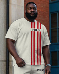Big Men's Simple Fashion Red Stripe POLO Letter Printed Casual Short Sleeve T-shirt Pants Set