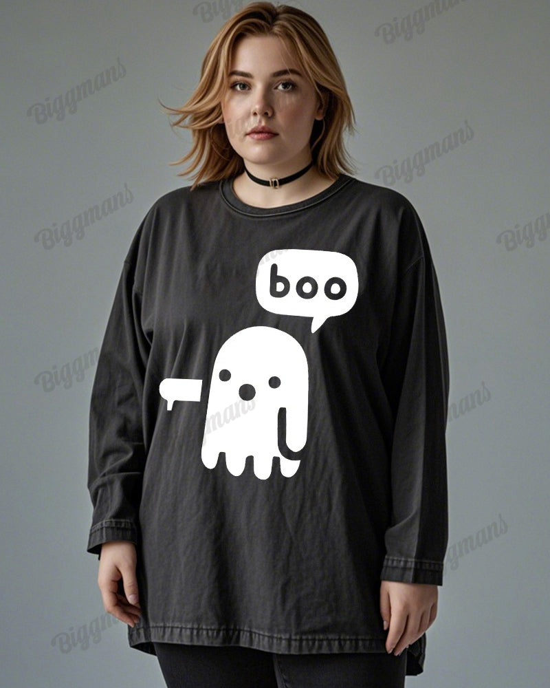 Ghost Boo Print Wash Cotton Round Neck Long Sleeve Plus Size Top