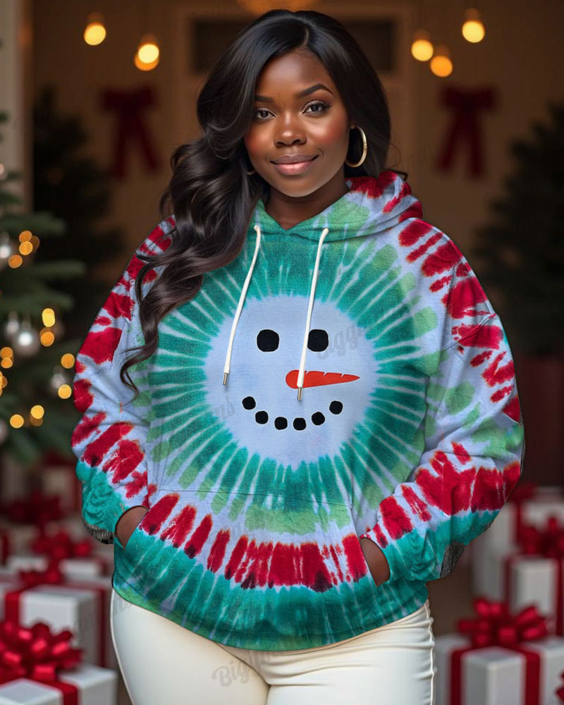 Women's Big & Tall Funny Christmas Tie Dye Snowman Long-sleeved Hoodie