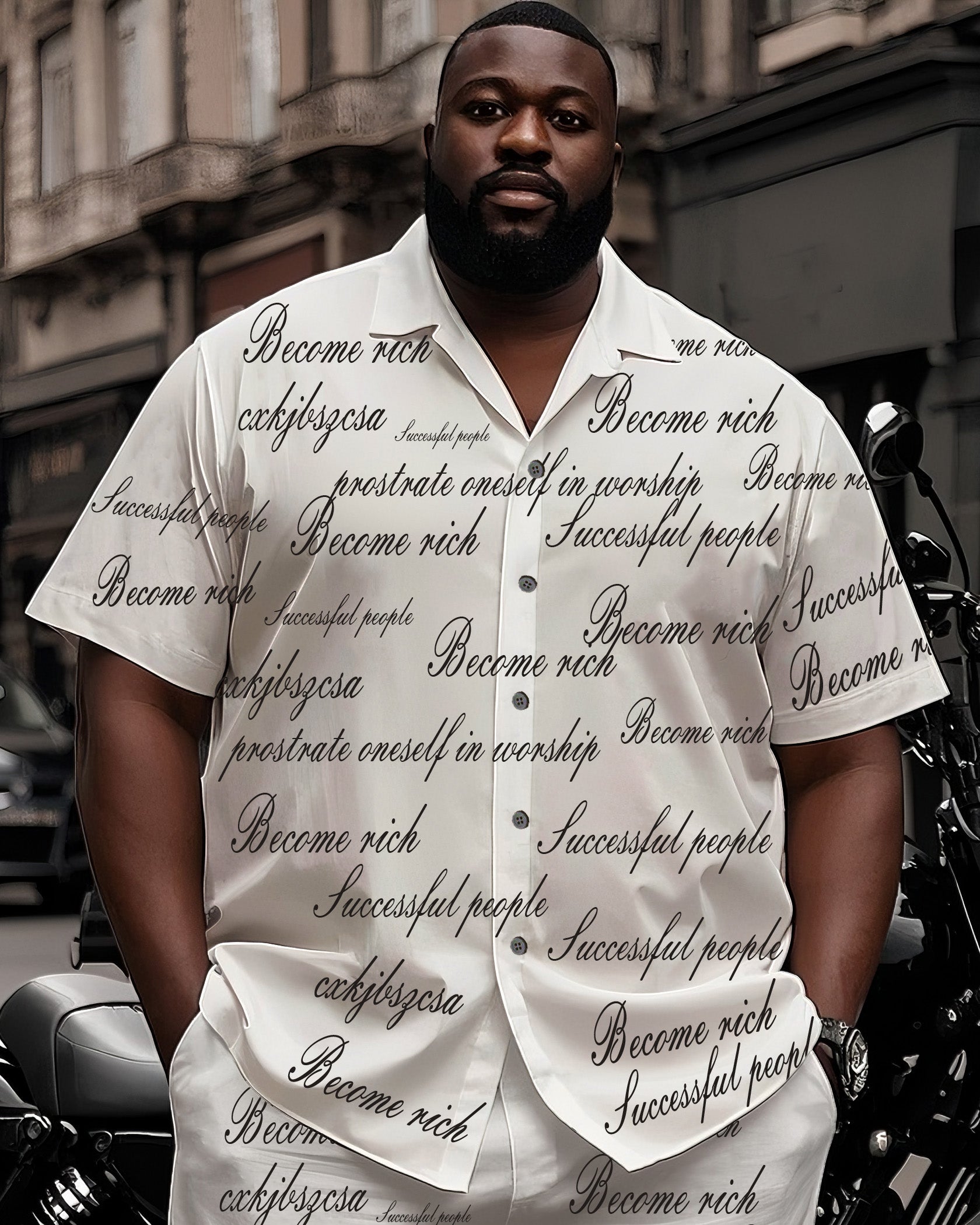 Big Man's Street Biker Style Rich People Successful People Letter Print White Short Sleeve Shirt Shorts Suit