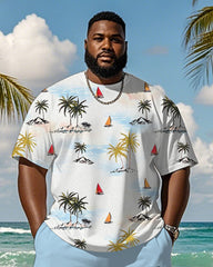 Big & Tall Men's Hawaiian Blue Coconut Sailing Print Round Neck Short Sleeve T-Shirt Shorts Suit