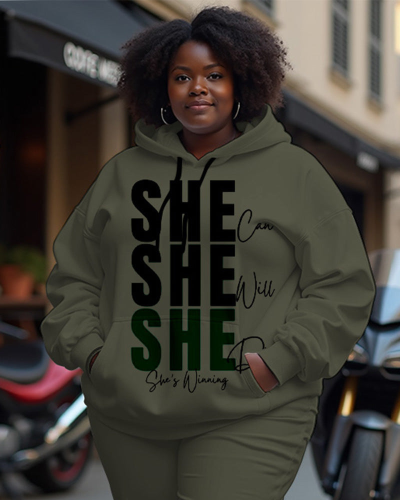 Women's Plus Size She Letter Long Sleeve Hoodie and Casual Pants Set
