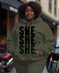 Women's Plus Size She Letter Long Sleeve Hoodie and Casual Pants Set