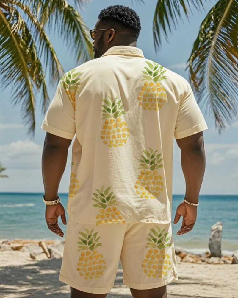 Big & Tall Men's Hawaiian Holiday Yellow Pineapple Print Pocket Shirt Shorts Suit