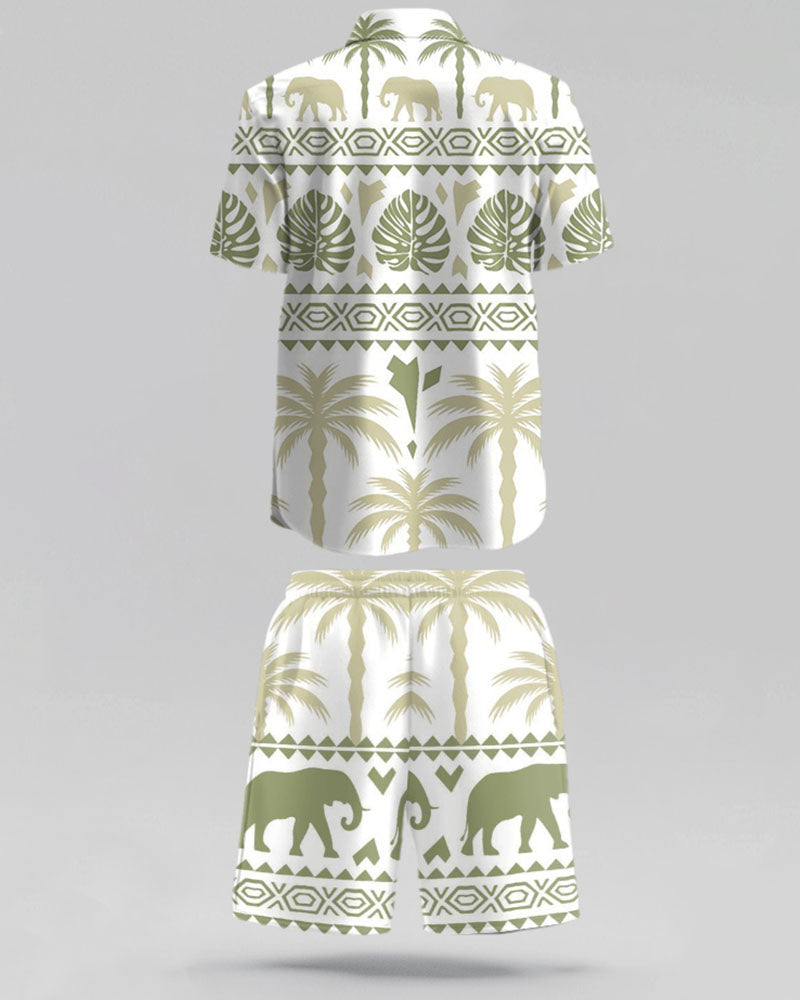 Men's Plus Size Hawaiian Green Tropical Plants Geometric Print Shirt Shorts Suit