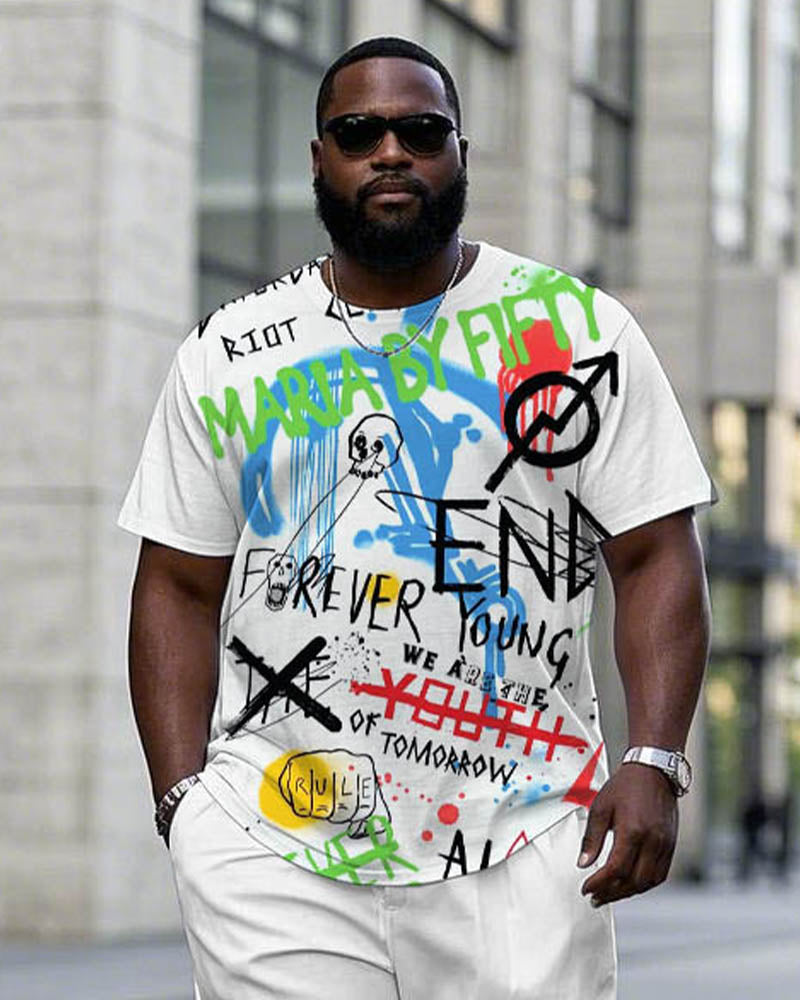 Men's Plus Size White & Street Graffiti Print Short Sleeve T-Shirt Trousers Suit