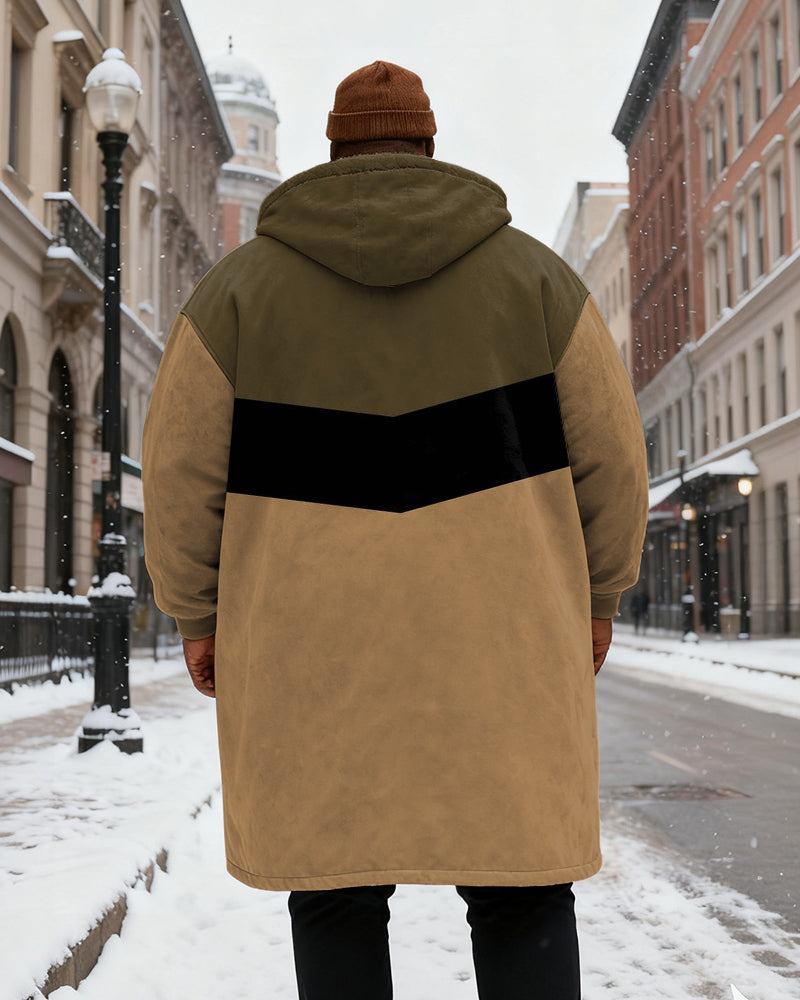 Big & Tall Men's Army Green Color Patchwork King Printed Velvet Thickened Long Hooded Coat