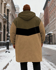 Big & Tall Men's Army Green Color Patchwork King Printed Velvet Thickened Long Hooded Coat