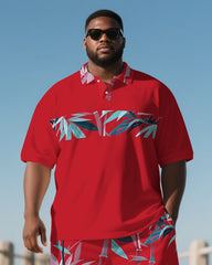 Big Men's Bold Fashion Bamboo Hawaiian Theme Short Sleeve Polo Shirt 2-piece Short Set