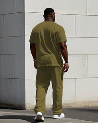 Big Men's Casual White & Texture Patchwork Short Sleeve T-Shirt Trousers Set
