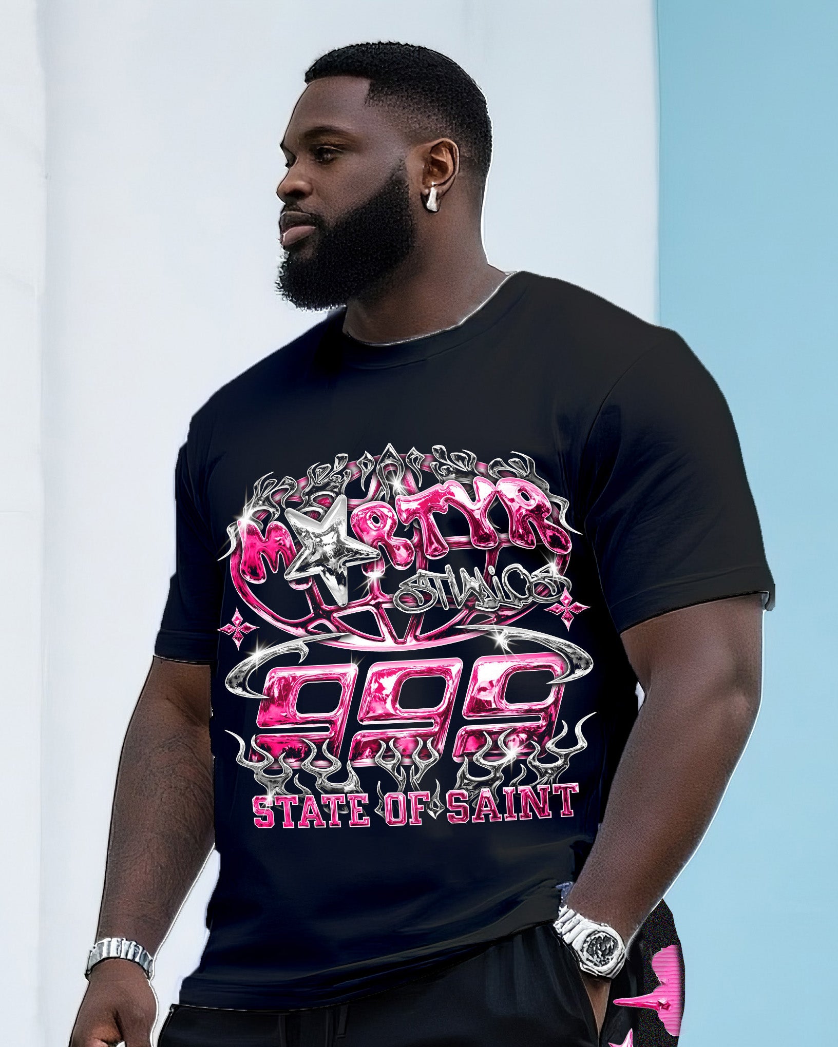 Big & Tall Men's Street Fashion Pink Letters Creative Printed Round Neck T-Shirt Shorts Suit