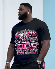 Big & Tall Men's Street Fashion Pink Letters Creative Printed Round Neck T-Shirt Shorts Suit