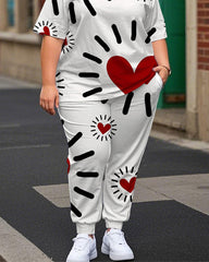 Women's Plus Size Graffiti Heart Print T-Shirt and Print Trousers Suit
