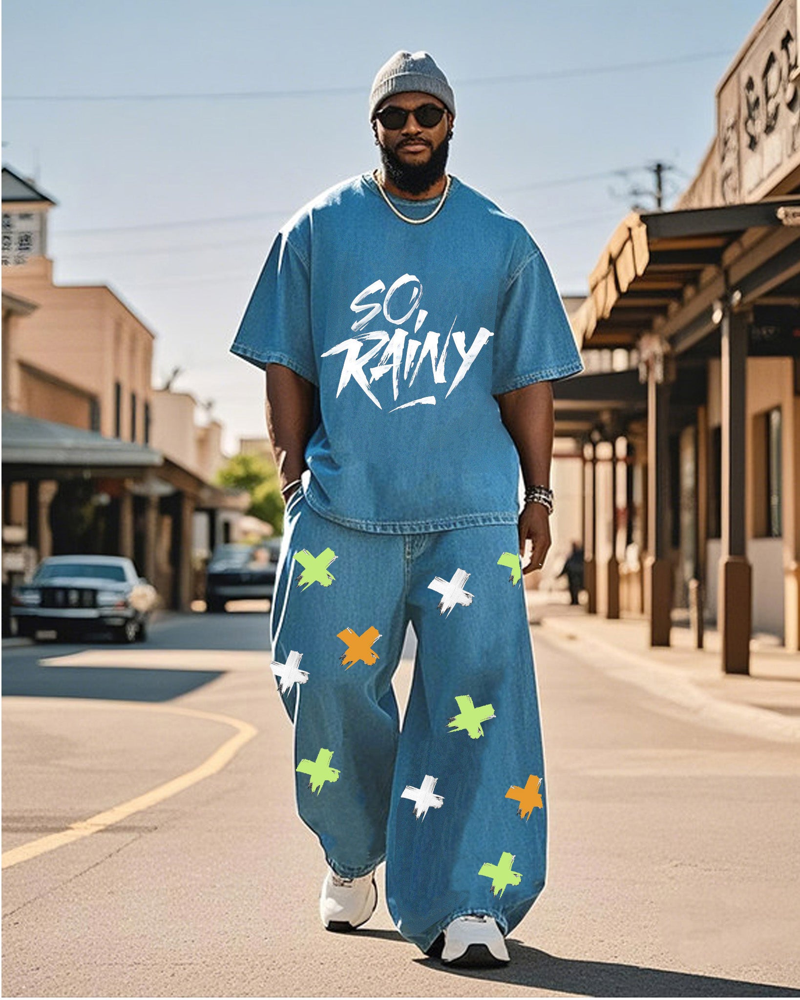 Plus Size Men-water Denim-so Rawy-xx English Print Suit