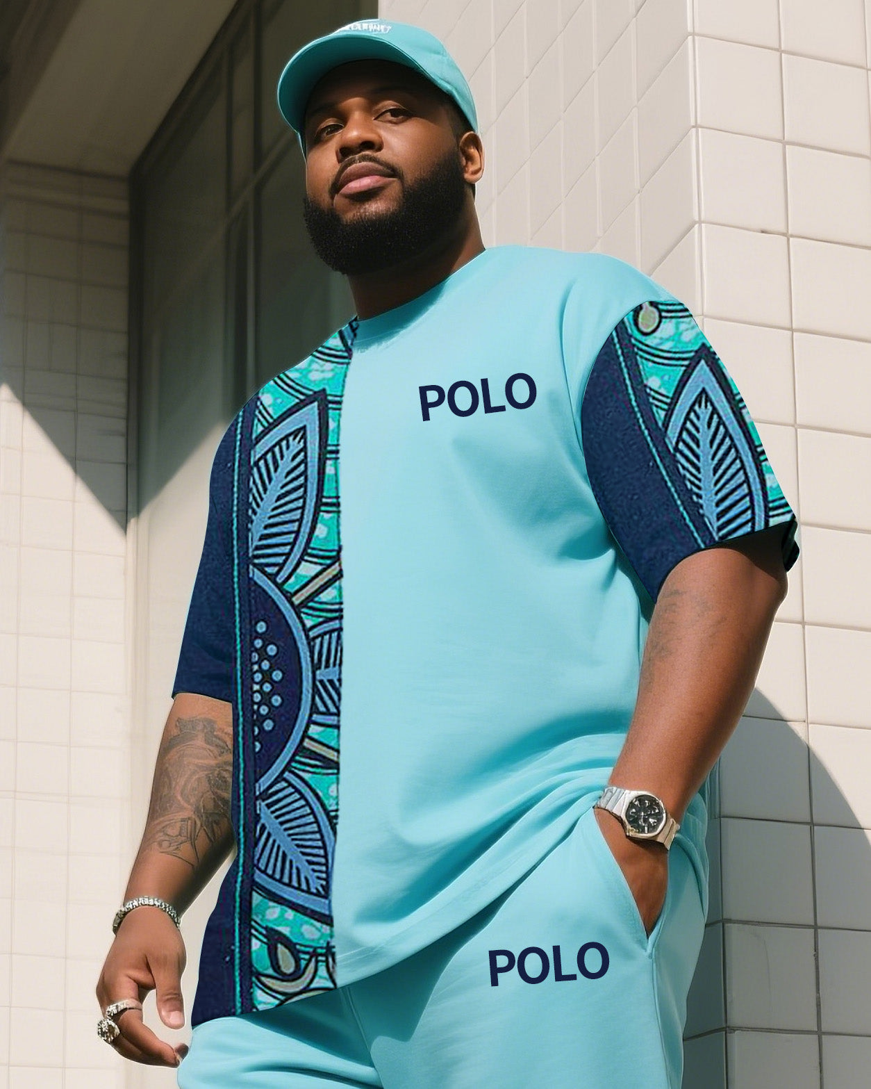 Big Boy Daily Casual Simple Impression Painting Stitching Texture POLO English Short-sleeved Trousers Suit