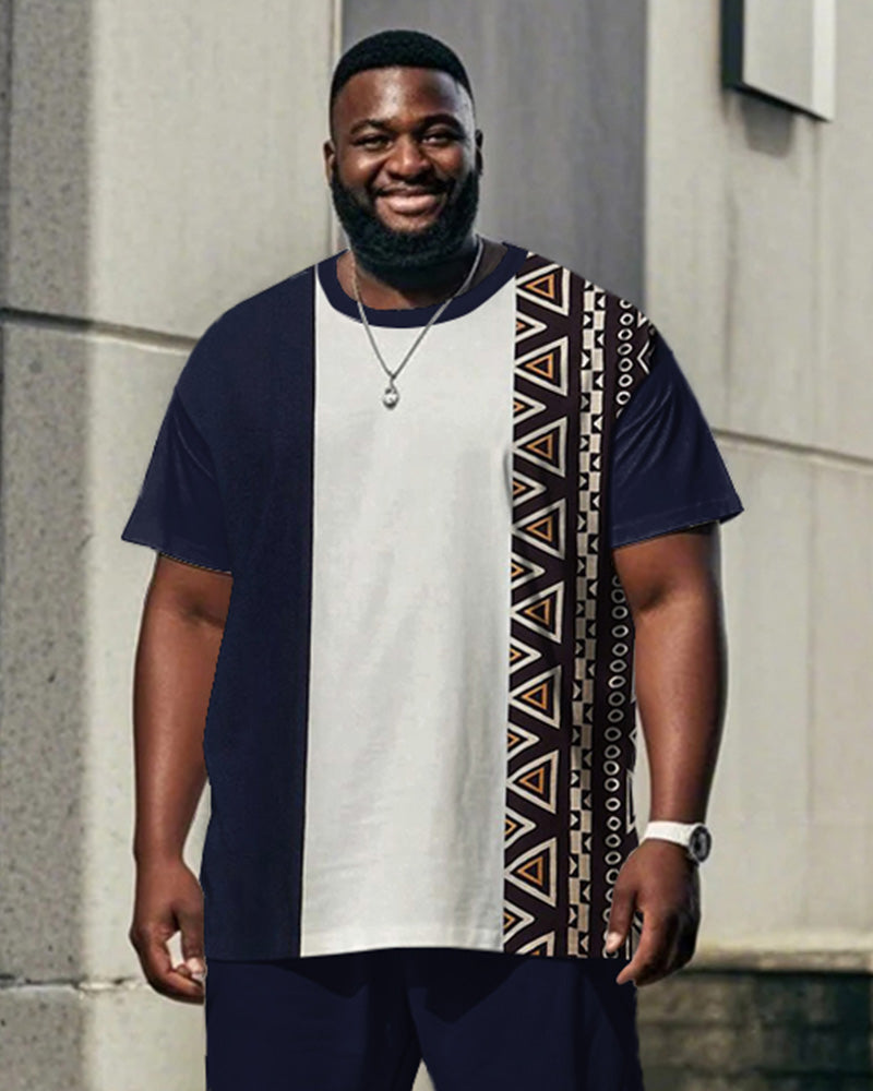 Men's Plus Size Daily Casual Blue Colorblock Ethnic Style Printed T-shirt Trousers Suit