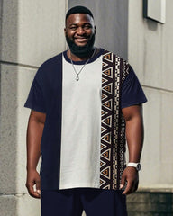 Men's Plus Size Daily Casual Blue Colorblock Ethnic Style Printed T-shirt Trousers Suit