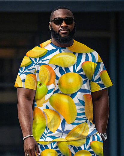 Big Men's Funny Mango and Leaves All Over Printed Short Sleeve T-Shirt and Shorts Set