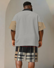 Men's Plus Size Casual Business Black Khaki Plaid Letter Print Shirt Shorts Suit