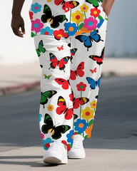 Men's Big and Tall Cartoon Butterfly World Street Style Short-Sleeve Shirt Pants Sets