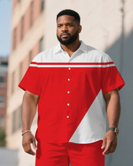 Men's Plus Size Red & White Irregular Stitching Short Sleeve Shirt Shorts Suit