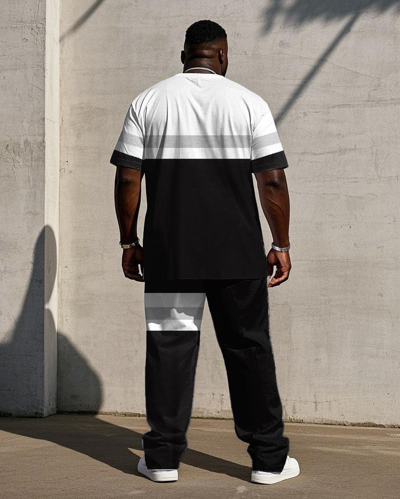Men's Plus Size Casual Black & White & Grey Color-block Simple Small Label Printed Short-sleeved T-shirt Trousers Suit