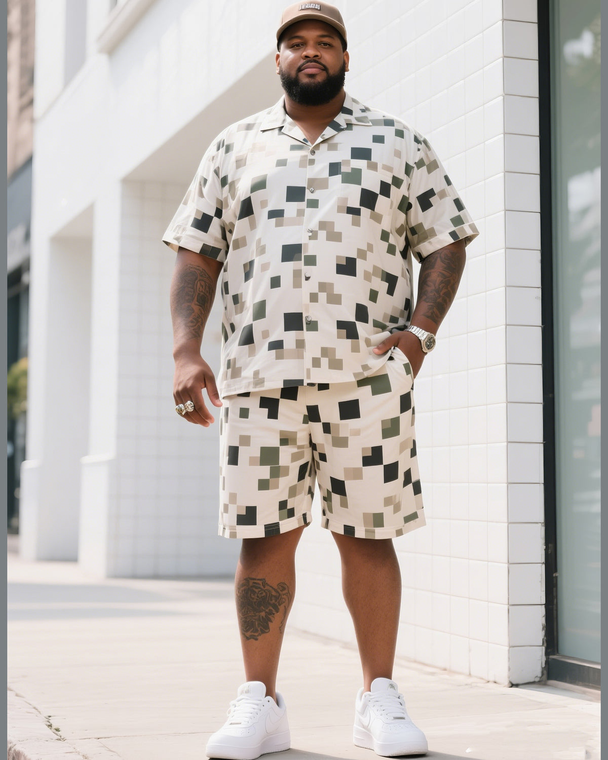 Big Man's Daily Casual Square Creative Camouflage Short Sleeve Shirt Shorts Suit