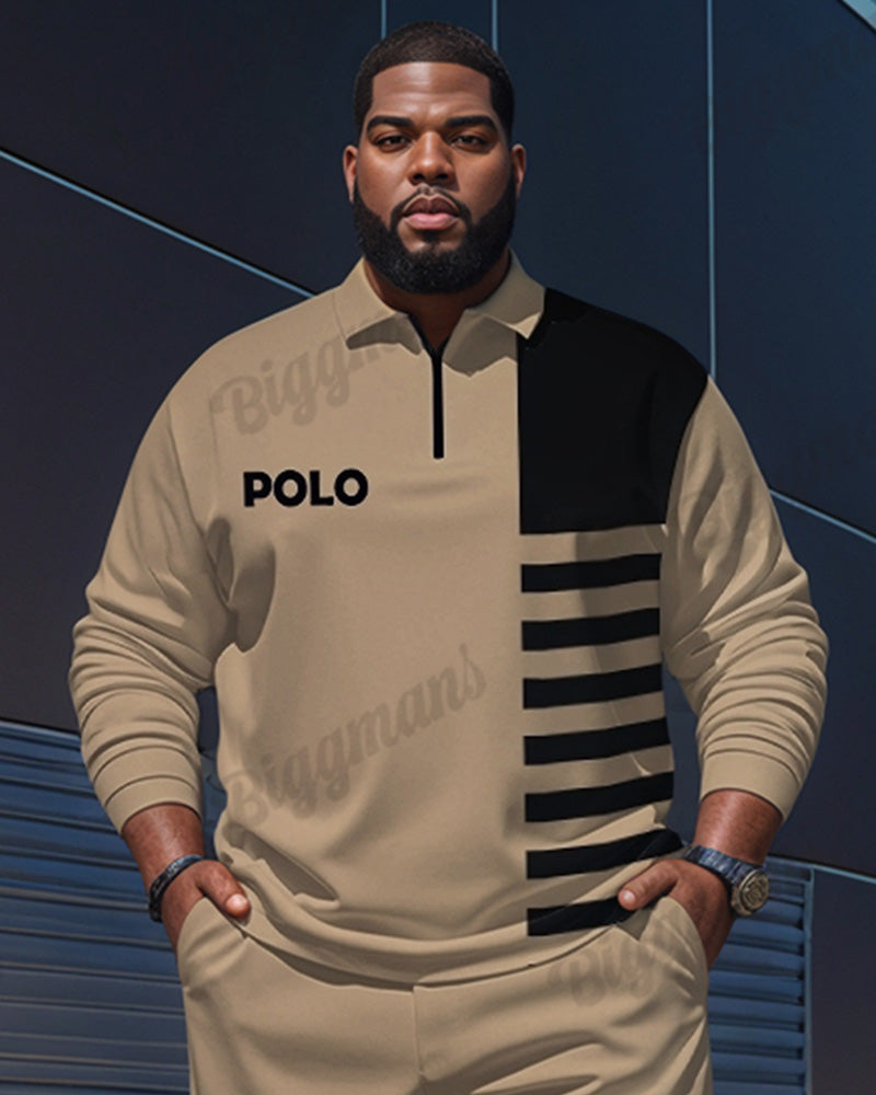 Big Guy's Simple Khaki Striped Alphabet Print Polo Shirt Zipper Pants Set