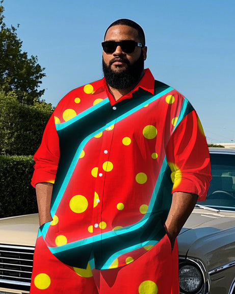 Men's Artistic Stripes Polka Dot Printed Casual Big and Tall Long Sleeve Shirt Pants Set