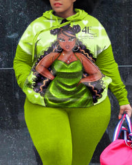 Women's Big & Tall 2 Piece Outfits Girl Print Hoodie and Pants Set