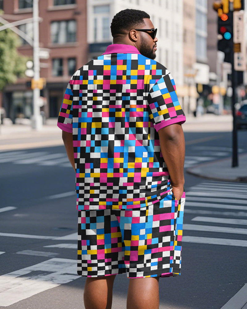 Big & Tall Men's Colorful Pixel Colorblock Printed Short Sleeve Polo Shirt Shorts Suit