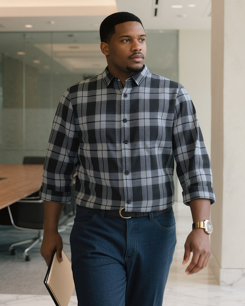 Big & Tall Men's Black-autumn/winter Commuter Plaid Flannel Fabric Long Sleeve Shirt