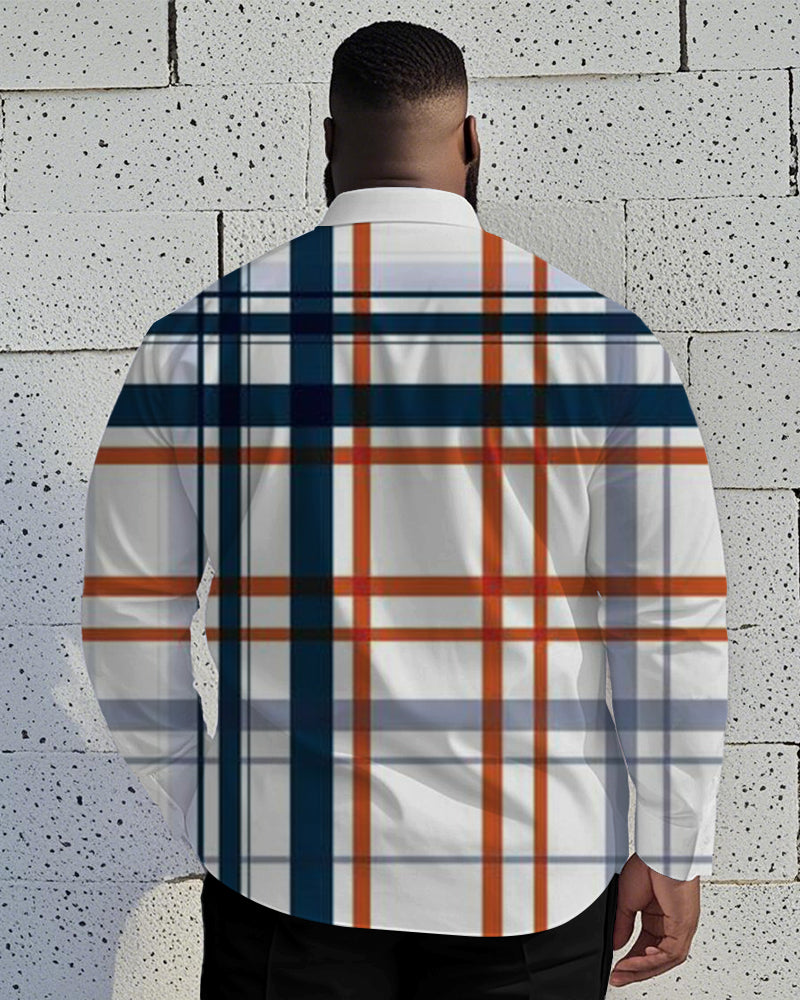 Men's Plus Size Business Blue Contrast Check Geometric Print Long Sleeve Shirt