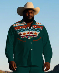 Men's Cowboy Western Style Geometric Pattern Printed Big and Tall Long Sleeve Shirt Pants Set