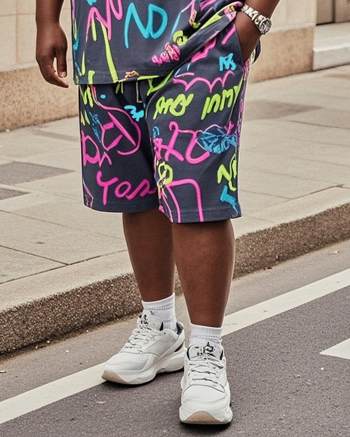 Plus Size Men's Irregular Neon Personality Graffiti Print T-Shirt Pocket Shorts Suit