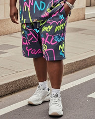 Plus Size Men's Irregular Neon Personality Graffiti Print T-Shirt Pocket Shorts Suit