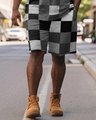 Men's Plus Size Business Black Checkerboard Print Short Sleeve Polo Shirt Shorts Suit