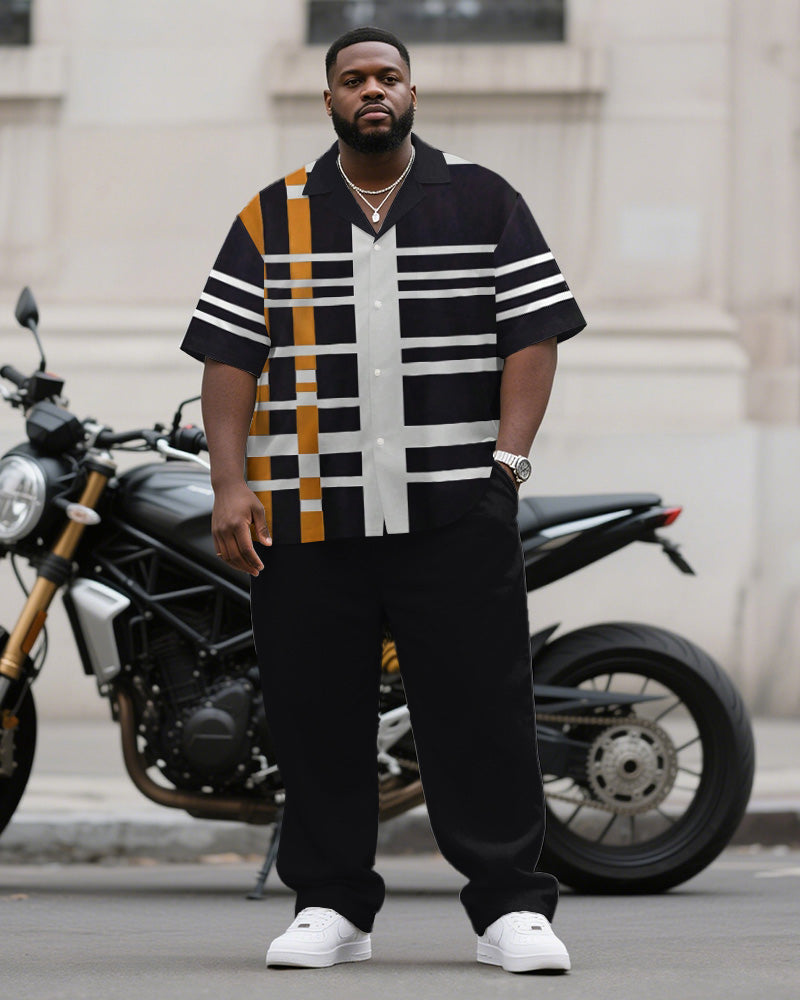 Men's Plus Size Simple Black And White Orange Color Matching Striped Printed Short Sleeve Shirt Trousers Suit