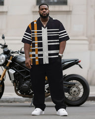 Men's Plus Size Simple Black And White Orange Color Matching Striped Printed Short Sleeve Shirt Trousers Suit