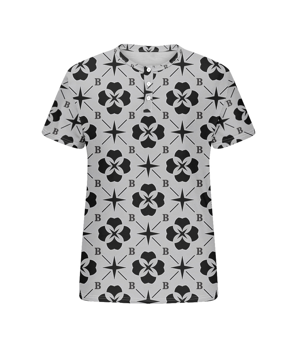 Men's Plus Size Daily Casual Grey Diamond Geometric Letter Print Henry Collar Button Short Sleeve T-Shirt